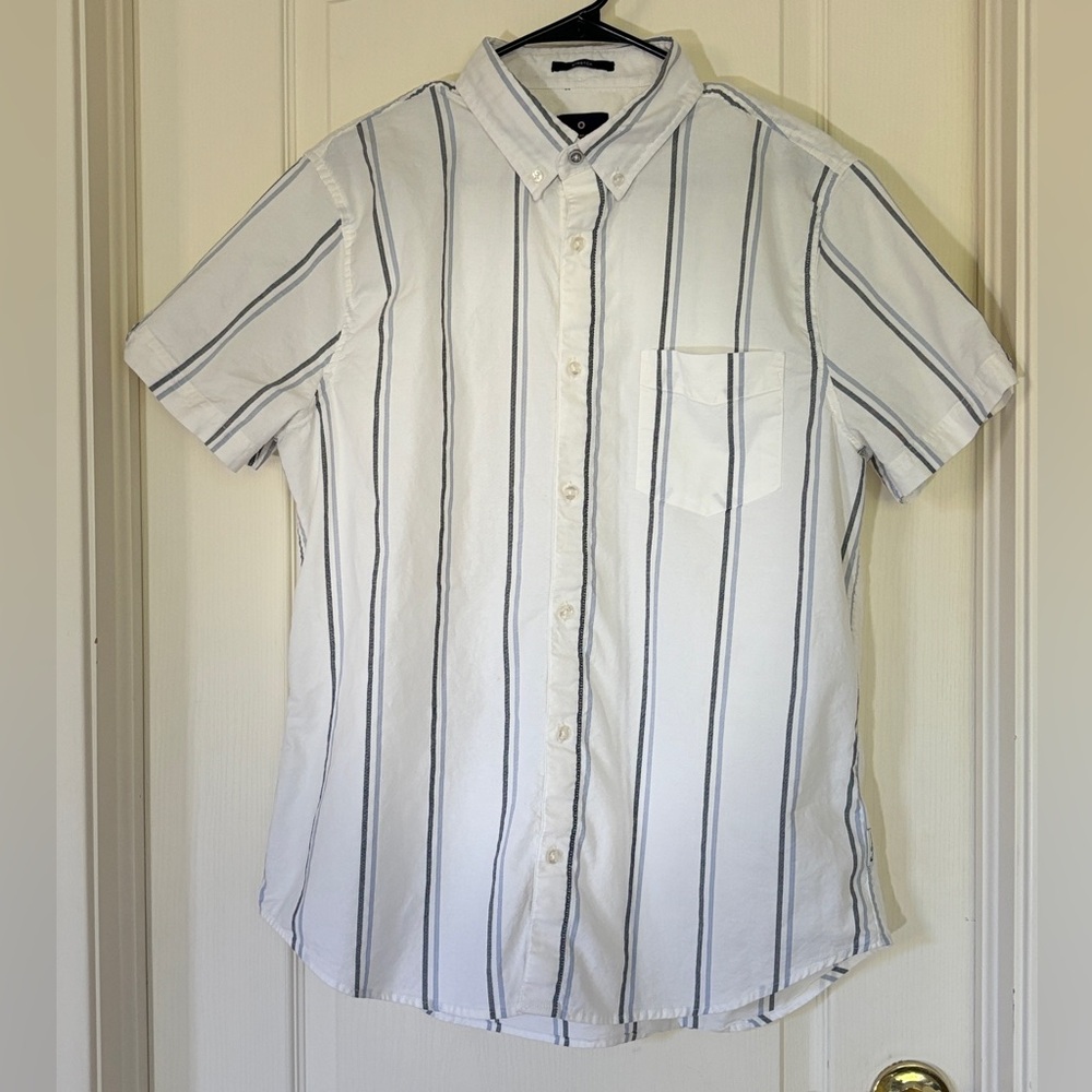 Ben Sherman Men’s Stretch Shirt L – White Blue Stripe Button Down Short Sleeve